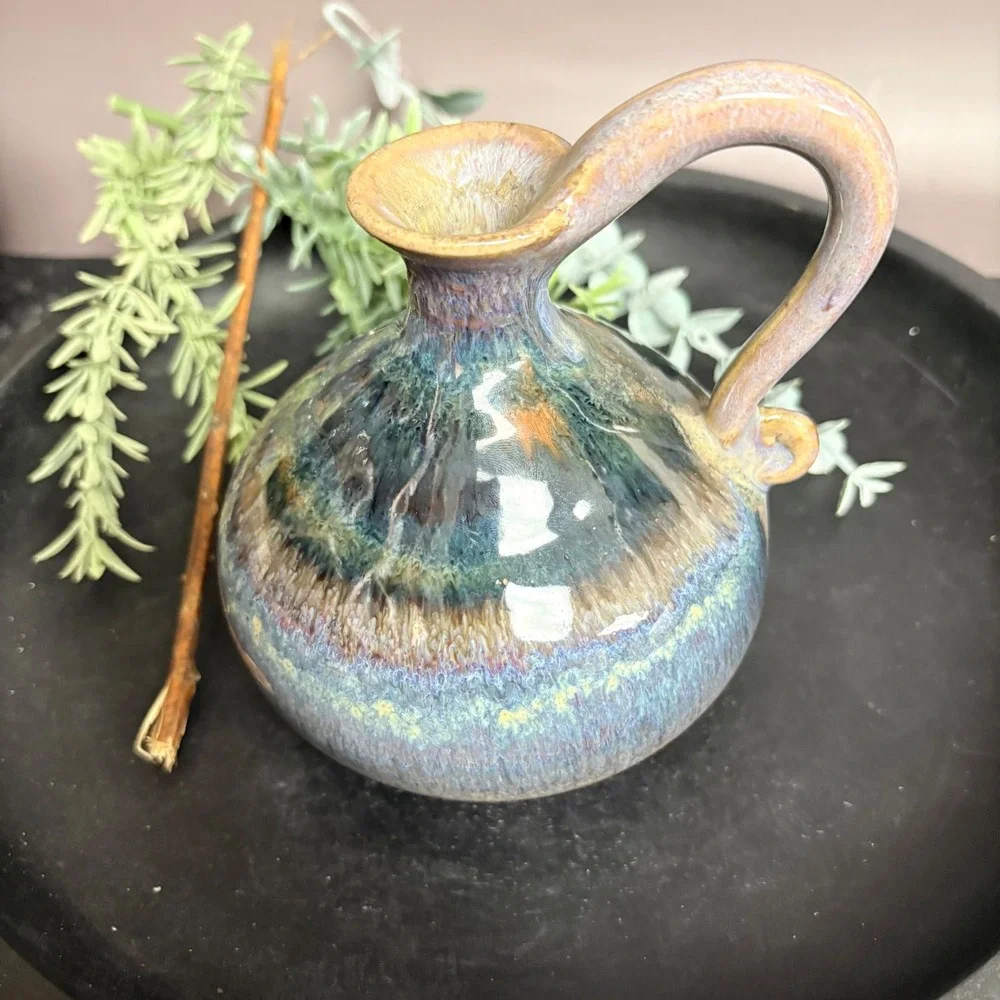 Signed Studio Pottery Pitcher |‎ Small Handmade Ceramic Vase | Blue Drip Glaze